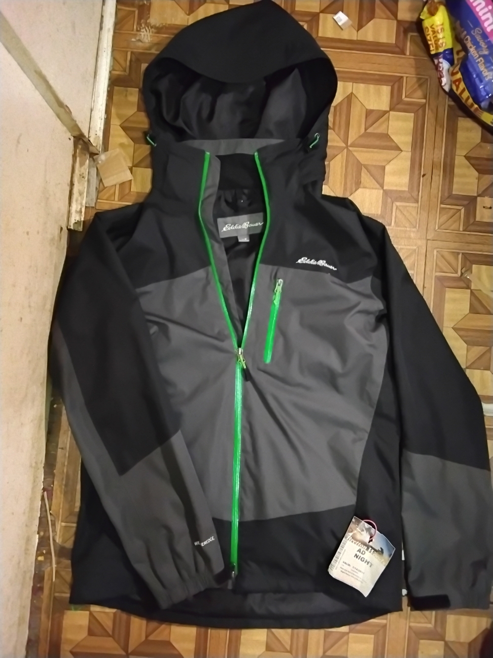 Eddie Bauer Black & Gray Hooded Rain Jacket with Green Accents